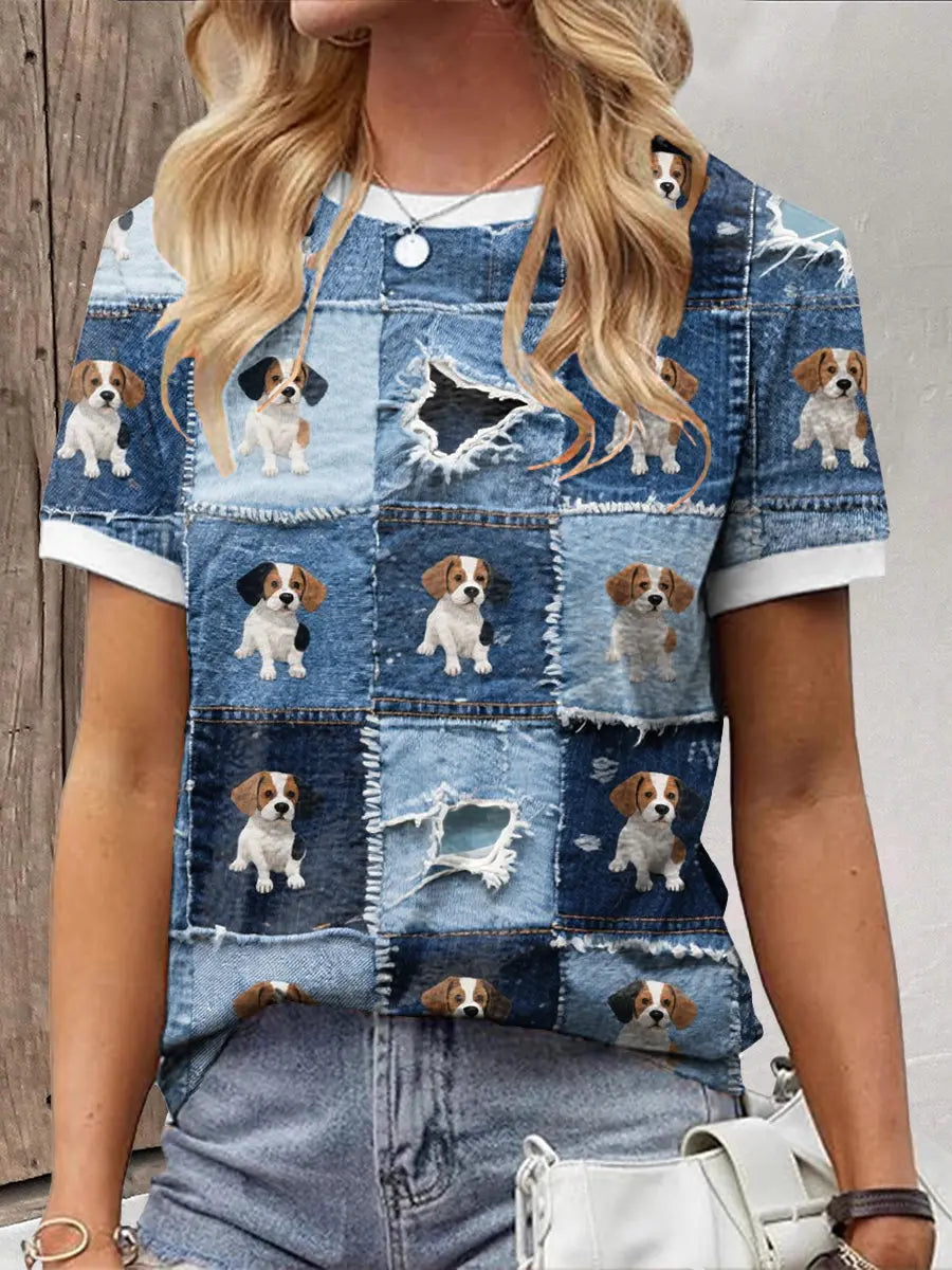 Damen-Denim-Welpen-T-Shirt