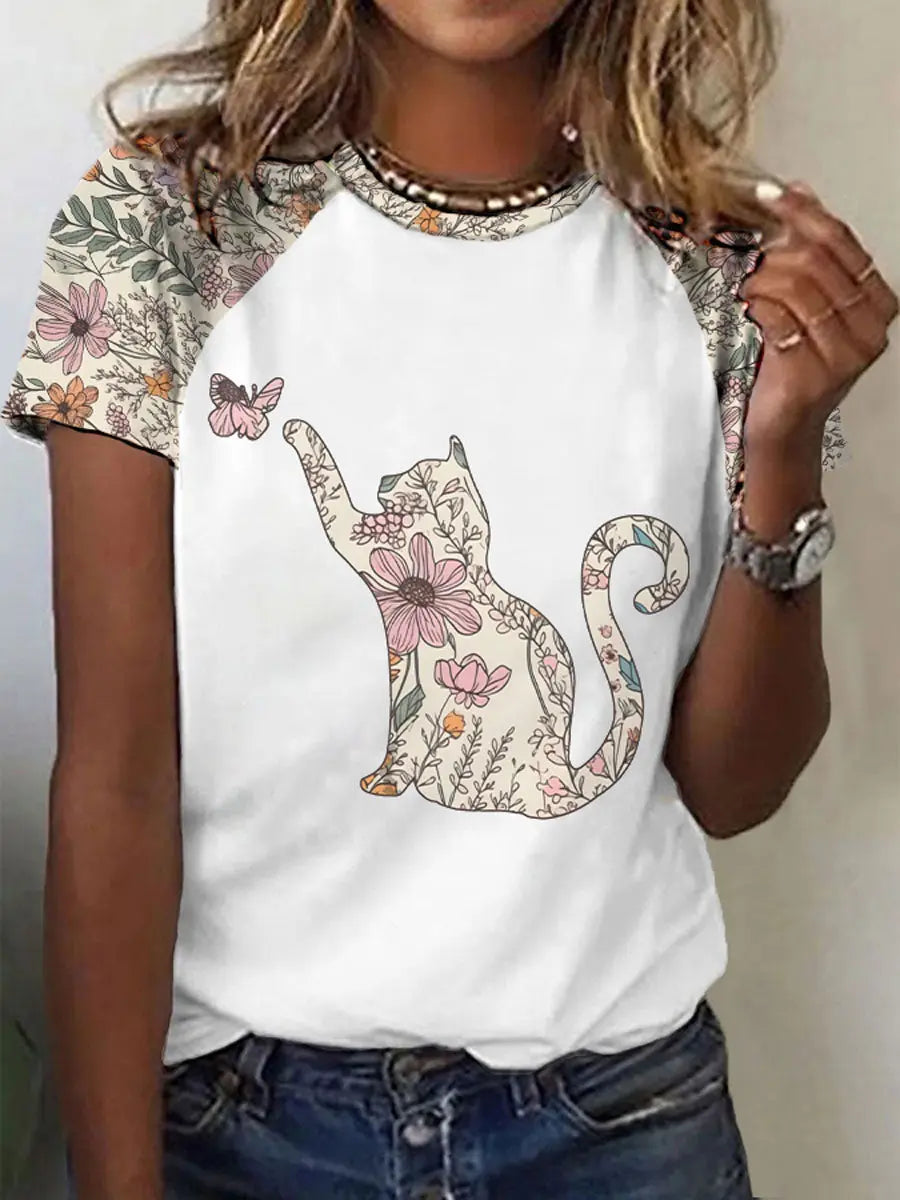 Frauen Wildblumen Katzen druck Casual T-Shirt