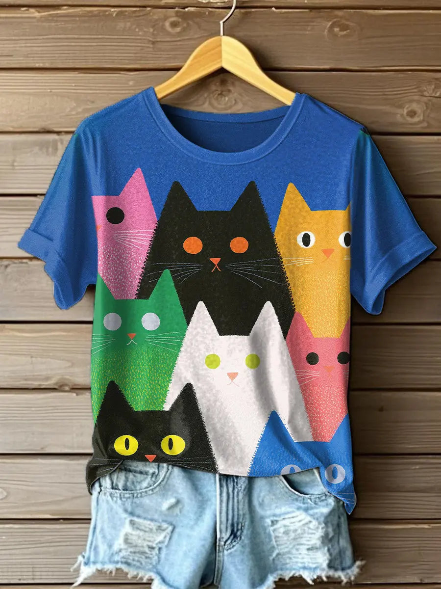 Frauen bunte Katze Kunstdruck T-Shirt
