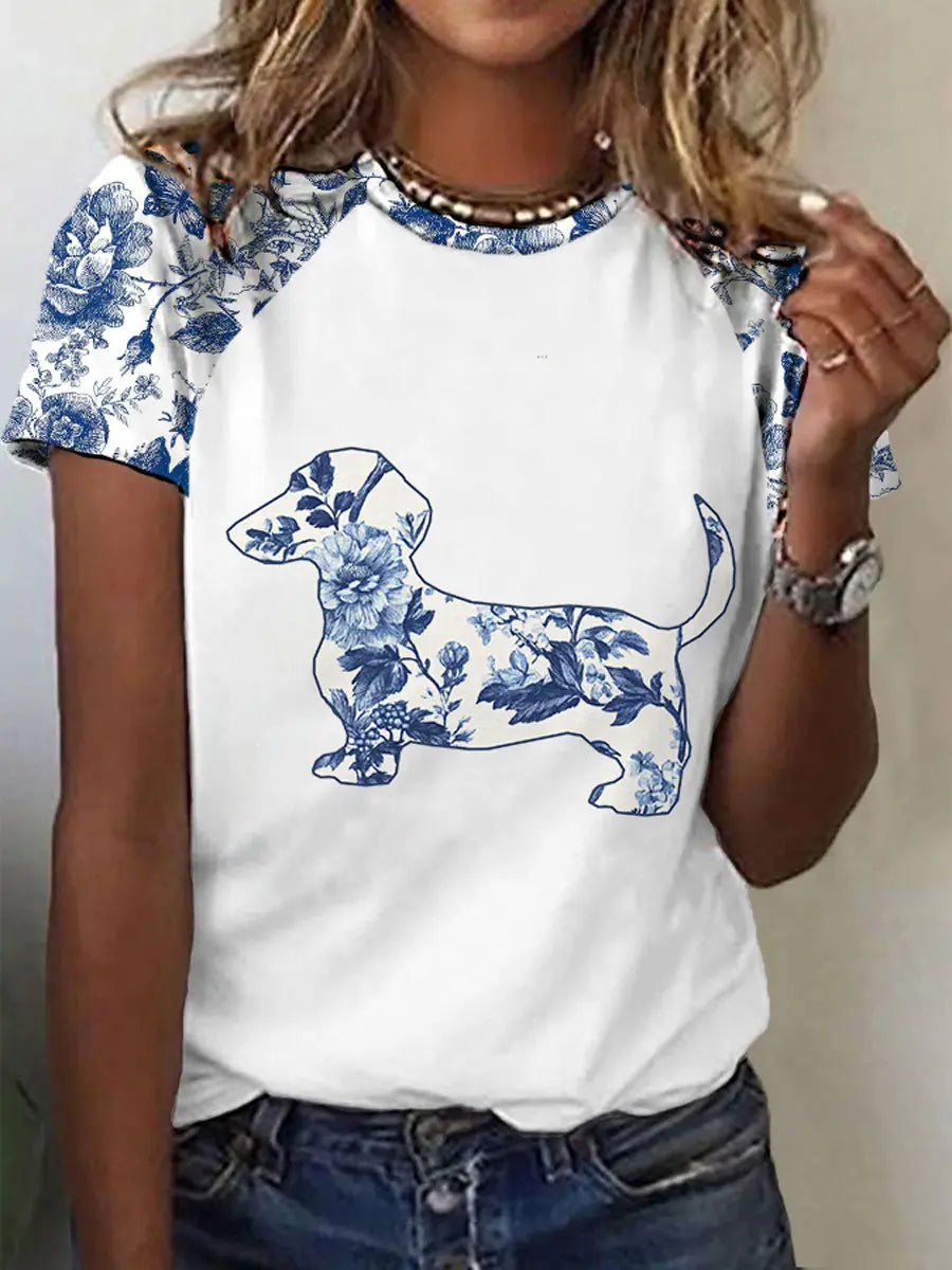 Damen Dackel Blumen druck T-Shirt