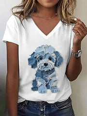 Frauen niedlicher Hund Patchwork Kunst V-Ausschnitt T-Shirt
