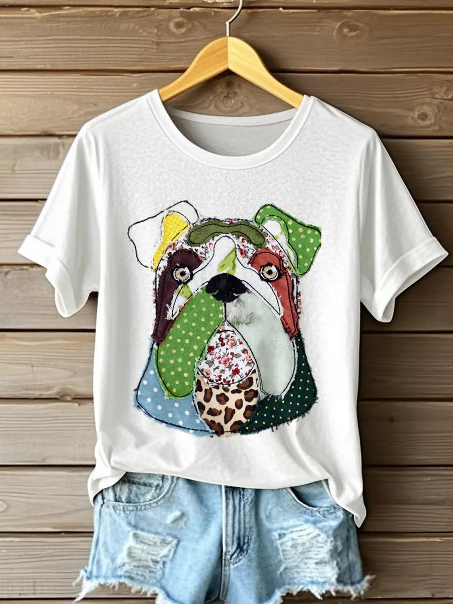 Frauen Bulldogge Muster Patchwork Kunst T-Shirt