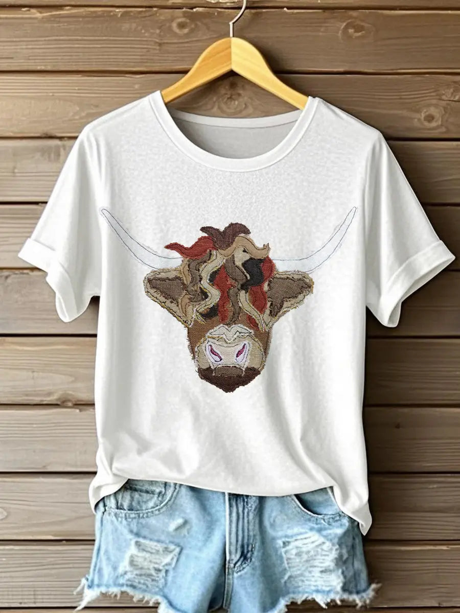 Frauen Highland Kuh Muster Patchwork Kunst T-Shirt