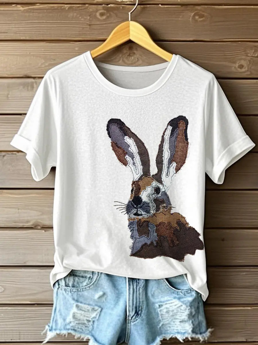 Frauen niedliches Häschen muster Patchwork-Kunst T-Shirt