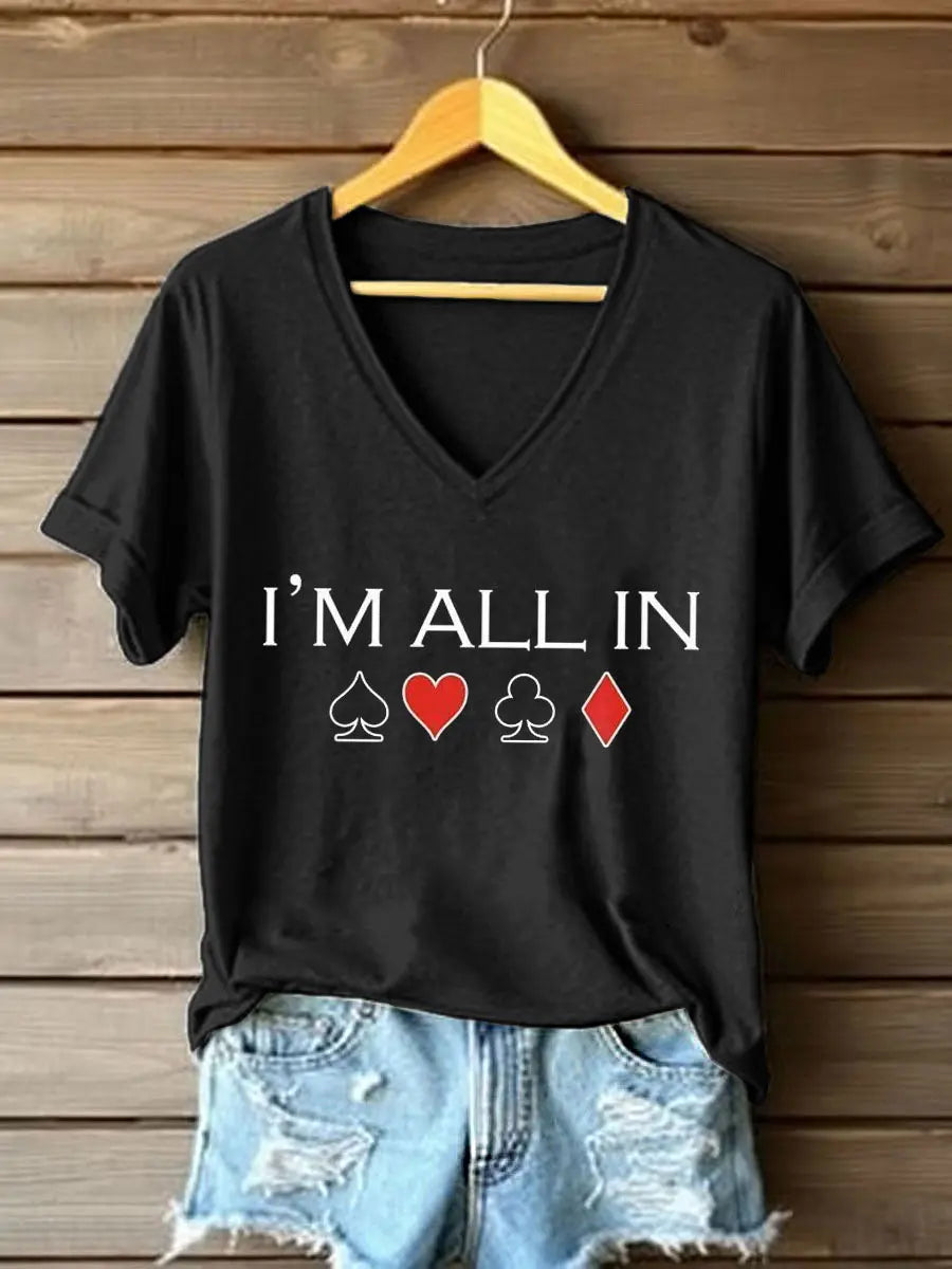 Frauen Poker Karten Kunstdruck V-Ausschnitt T-Shirt