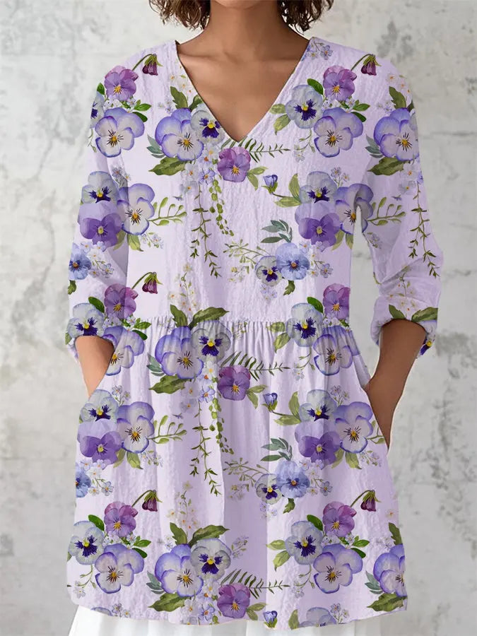 Frauen Alzheimer-Bewusstsein Lila Blumen druck V-Ausschnitt Baumwolle und Leinen Langarm-Shirt