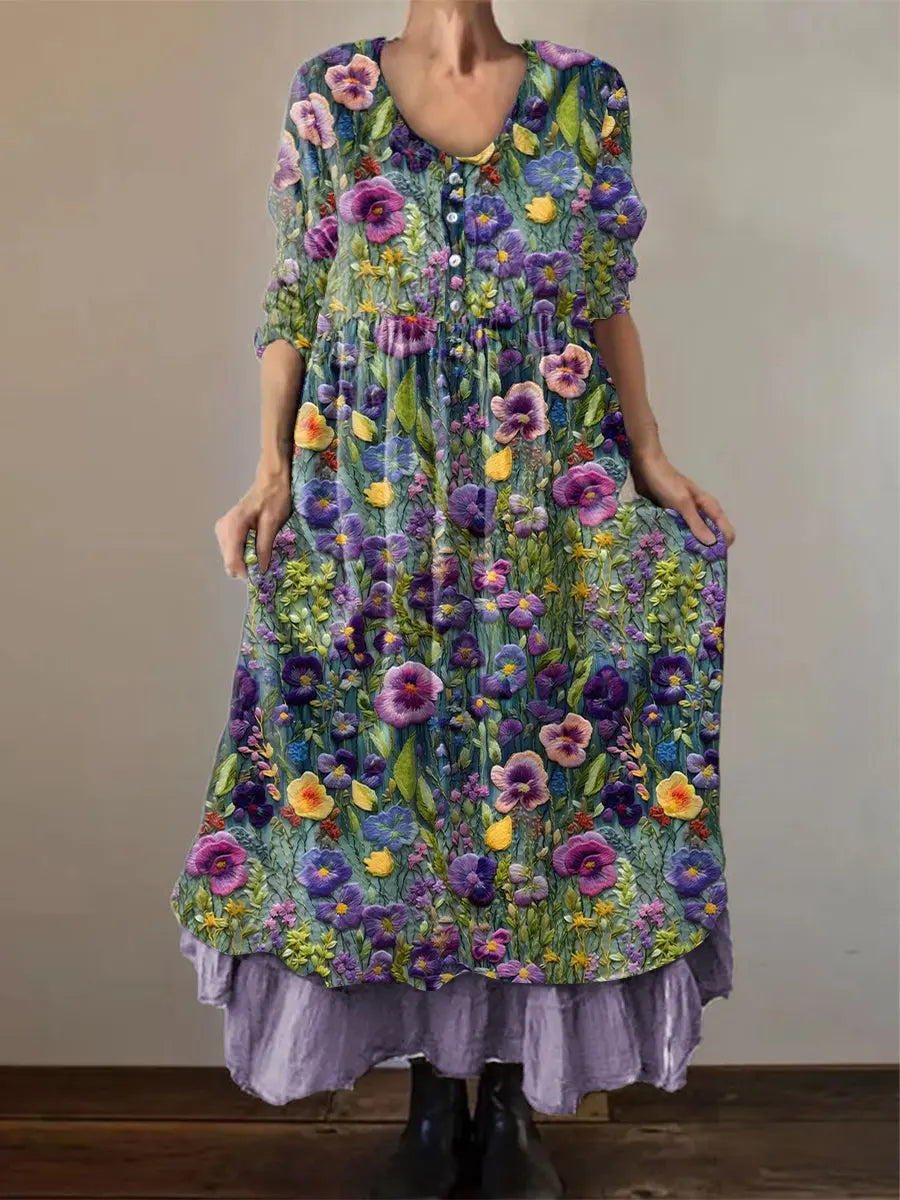 Frauen Alzheimer Bewusstsein Lila Blume Bedrucktes Baumwoll Leinen Langarm Maxi kleid