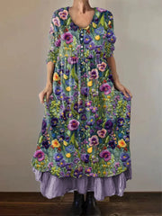 Frauen Alzheimer Bewusstsein Lila Blume Bedrucktes Baumwoll Leinen Langarm Maxi kleid