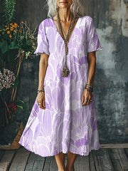 Frauen Alzheimer Bewusstsein Lila Blume Bedrucktes Baumwoll Leinen Langarm Maxi kleid