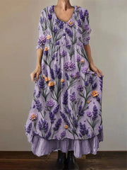 Frauen Alzheimer Bewusstsein Lila Blume Bedrucktes Baumwoll Leinen Langarm Maxi kleid