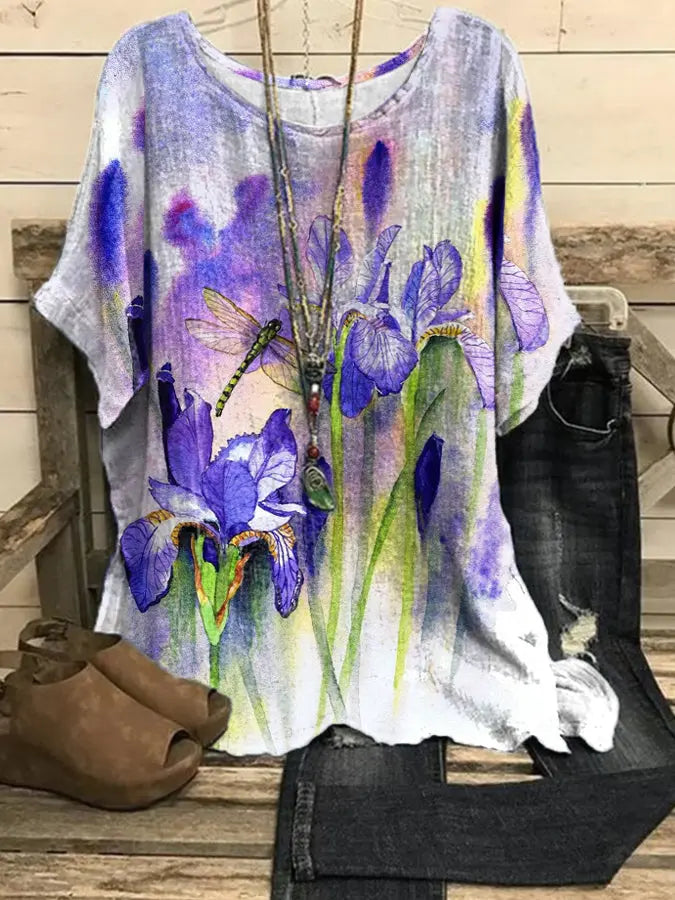 Frauen Alzheimer-Bewusstsein Lila Blumen druck O-Ausschnitt Baumwolle Leinen-Shirt