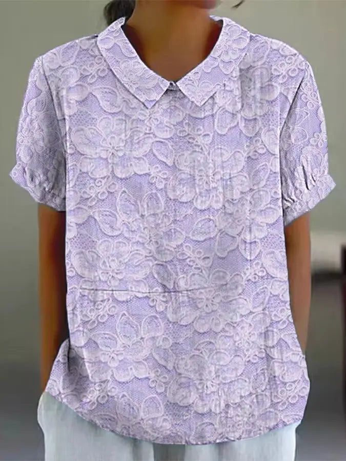 Frauen Alzheimer Bewusstsein Lila Blume Bedrucktes Baumwoll Leinen Kurzarm Hemd