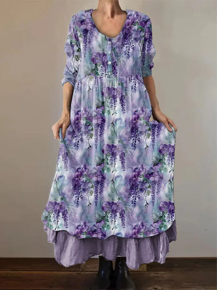 Frauen Alzheimer Bewusstsein Lila Blume Bedrucktes Baumwoll Leinen Langarm Maxi kleid