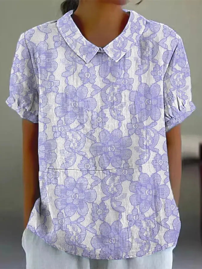 Frauen Alzheimer Bewusstsein Lila Blume Bedrucktes Baumwoll Leinen Kurzarm Hemd