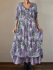 Frauen Alzheimer Bewusstsein Lila Blume Bedrucktes Baumwoll Leinen Langarm Maxi kleid