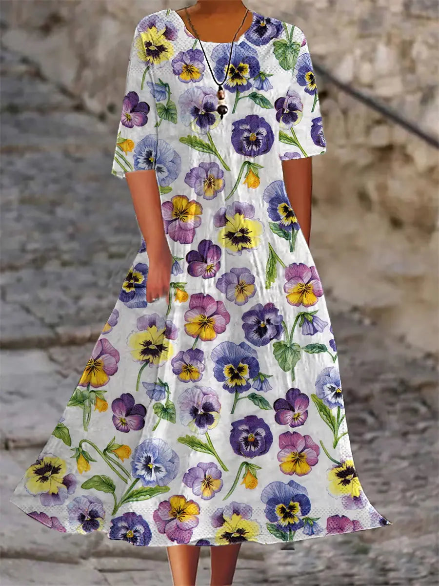 Frauen Alzheimer Bewusstsein Lila Blume Bedrucktes Baumwoll Leinen Kurzarm Maxi kleid