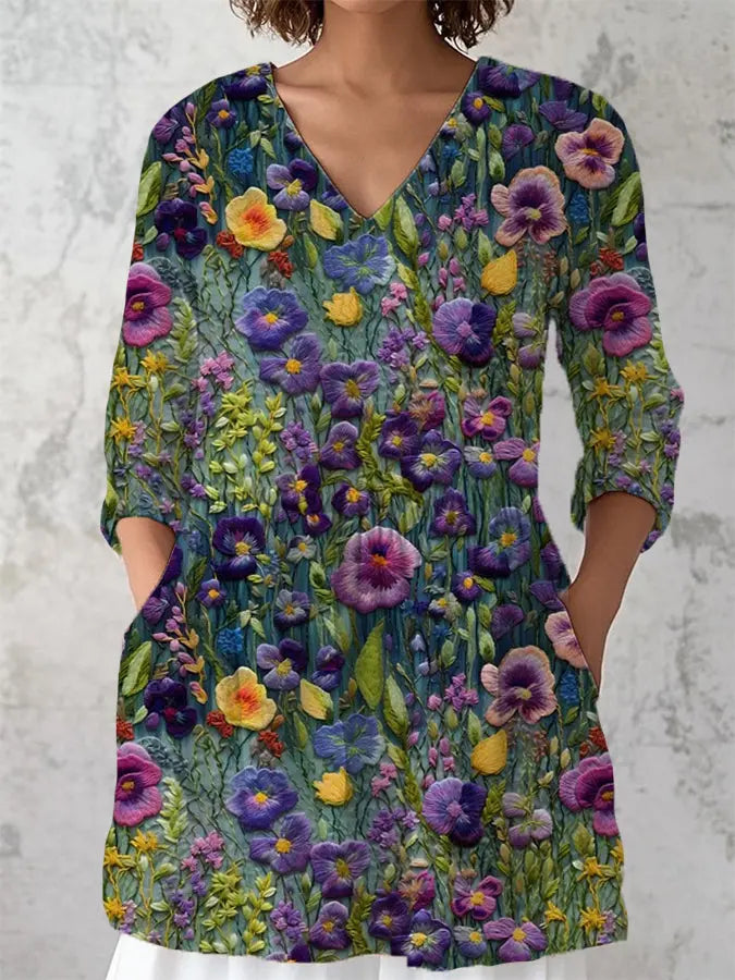 Frauen Alzheimer Bewusstsein Lila Blume Bedruckt V-Ausschnitt Baumwolle Leinen Langarm Hemd