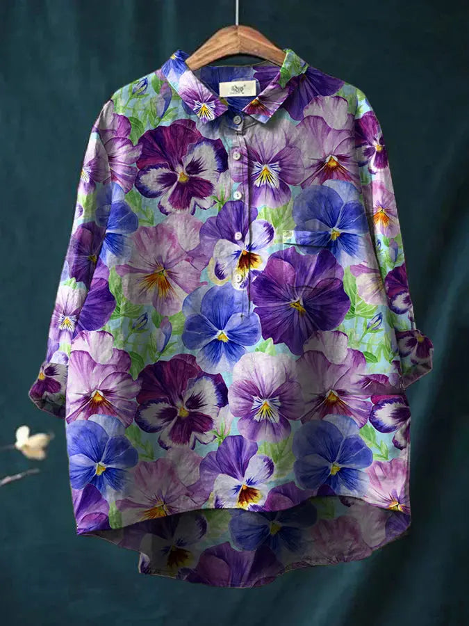 Frauen Alzheimer-Bewusstsein Lila Blume Bedrucktes Baumwoll Leinen Langarm Hemd