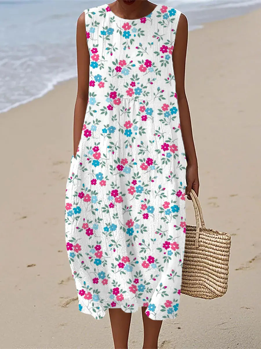 Damen-Kleid mit Blumen druck Leinen ohne Ärmel