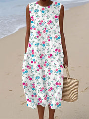 Damen-Kleid mit Blumen druck Leinen ohne Ärmel