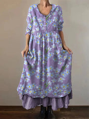 Frauen Alzheimer Bewusstsein Lila Blume Bedrucktes Baumwoll Leinen Langarm Maxi kleid