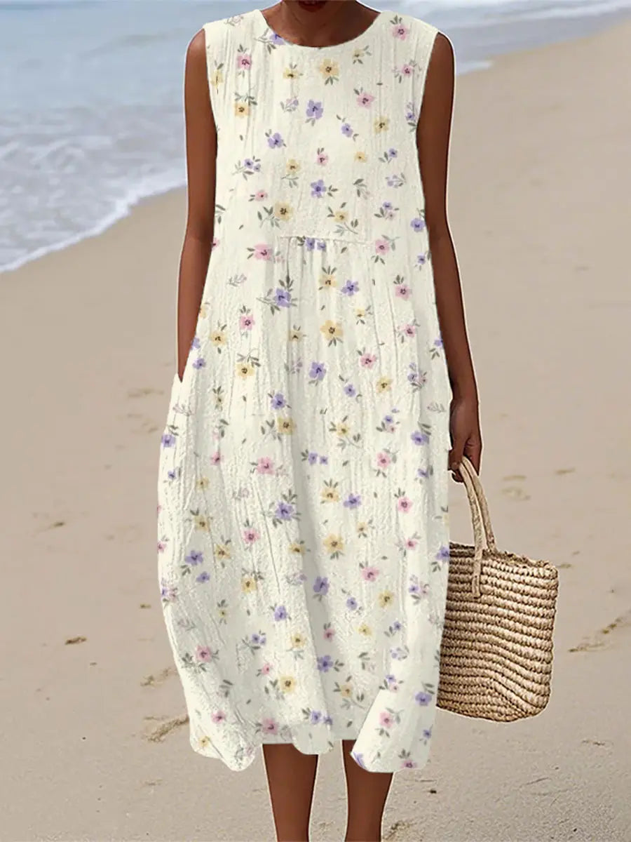 Damen Vintage Kleid mit Blumen druck Leinen ohne Ärmel