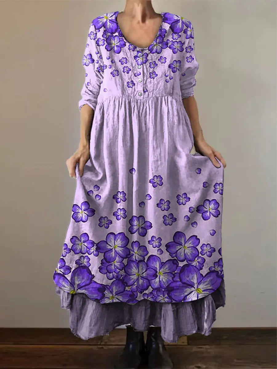 Frauen Alzheimer Bewusstsein Lila Blume Bedrucktes Baumwoll Leinen Langarm Maxi kleid