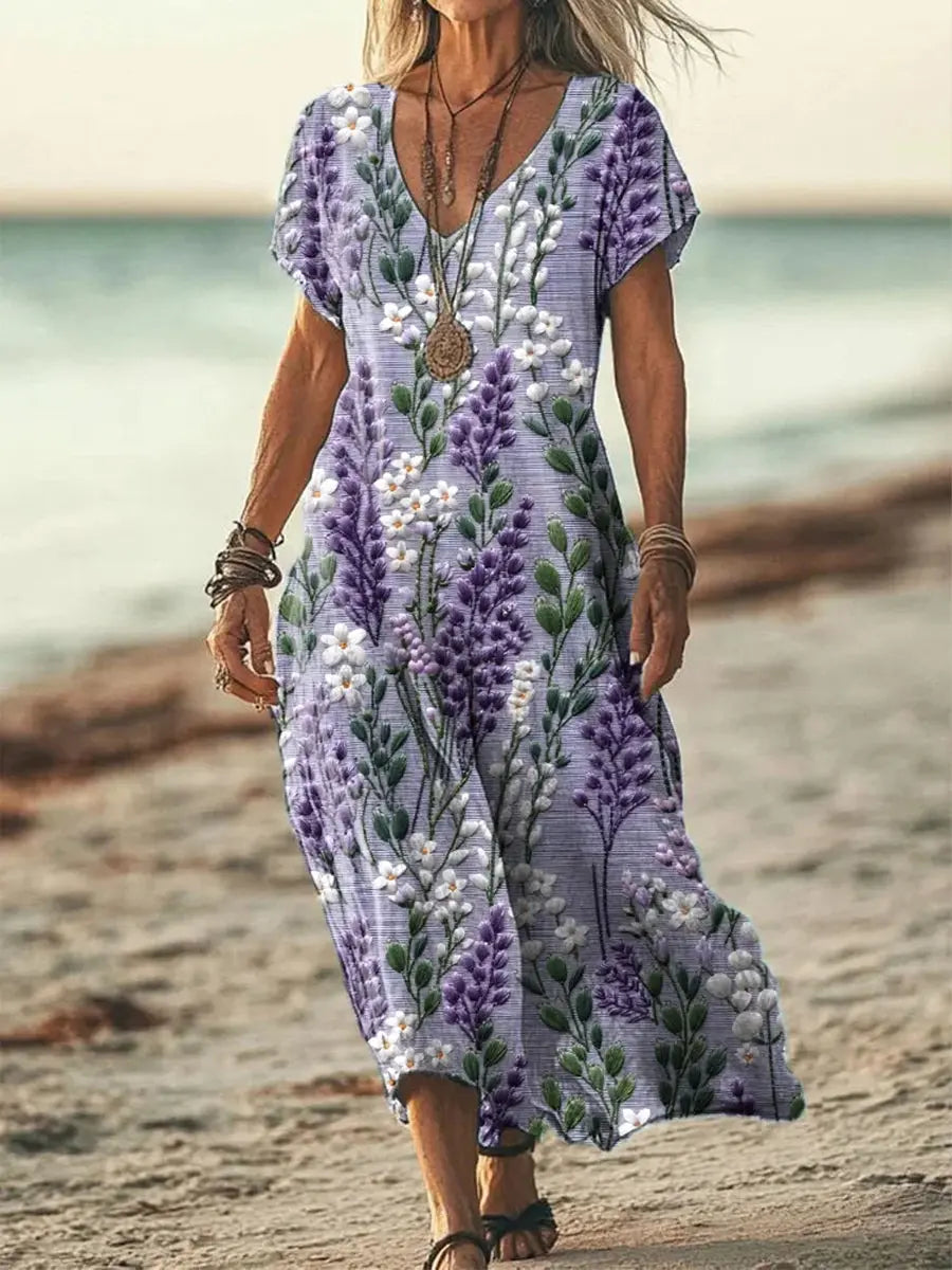 Frauen Alzheimer Bewusstsein Lila Blume Bedrucktes Baumwoll Leinen Kurzarm Maxi kleid