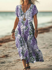 Frauen Alzheimer Bewusstsein Lila Blume Bedrucktes Baumwoll Leinen Kurzarm Maxi kleid