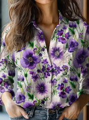 Frauen Alzheimer-Bewusstsein Lila Blume Bedrucktes Baumwoll Leinen Langarm Hemd