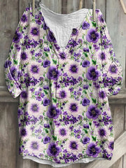 Frauen Alzheimer-Bewusstsein Lila Blume Bedrucktes Baumwoll Leinen Langarm Hemd