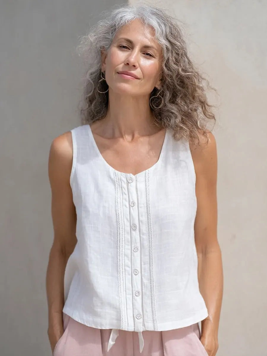 Einfaches Spitzen-Patchwork-Leinen-Tanktop für Damen