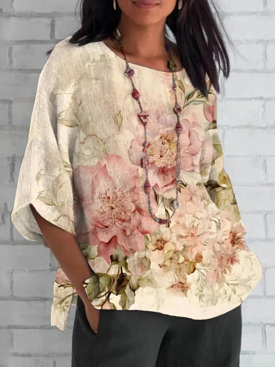 Damen Vintage Floral Baumwolle und Leinen Top