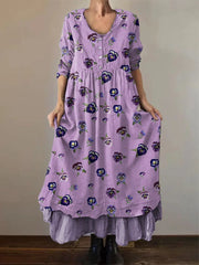 Frauen Alzheimer Bewusstsein Lila Blume Bedrucktes Baumwoll Leinen Langarm Maxi kleid