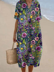 Frauen Alzheimer Bewusstsein Lila Blume Bedrucktes Baumwoll Leinen V-Ausschnitt Elegantes Kurzarm Maxi kleid