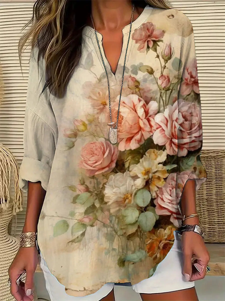 Damen Vintage Floral Baumwolle und Leinen Top
