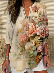 Damen Vintage Floral Baumwolle und Leinen Top