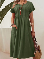 Frauen einfarbig mit rundem Hals, gefaltetes, kurzärmliges Baumwoll-Leinen kleid