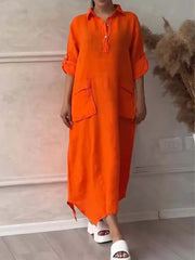 Frauen einfarbig unregelmäßiges langes Baumwoll-Leinen-Taschen kleid