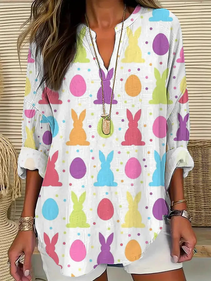 Damen Bunte Häschen und Eier Gedruckt Lässiges Langarm-Shirt