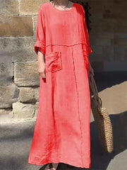 Damen einfarbig Rundhals-Baumwoll leinen lange Ärmel lässig gefaltete Doppel-Seiten-Taschen kleider