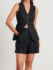 Damen-Shorts aus Baumwolle und Leinen, einfarbig