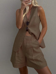 Damen-Shorts aus Baumwolle und Leinen, einfarbig