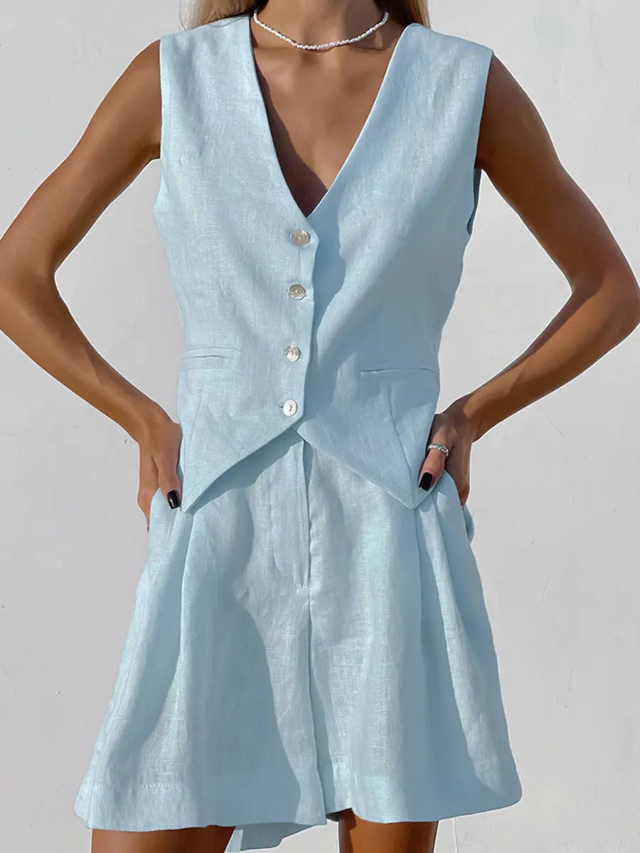 Damen Sommer Weste aus Baumwolle und Leinen Freizeit shorts zweiteiliger Anzug