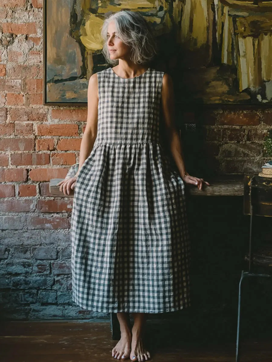 Frauen Vintage Plaid Leinen Elegantes Kleid