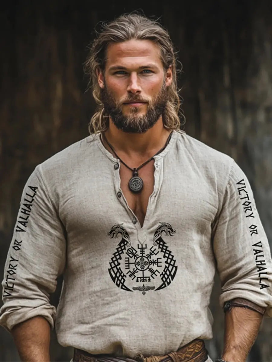 Langarm-T-Shirt aus Baumwolle und Leinen für Herren Viking