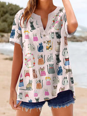 Damen-Katzen-Kunstdruck-Leinen hemd