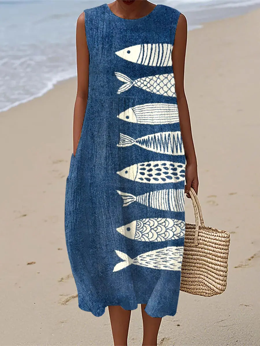 Damen Vintage Fisch Kunstdruck Leinen kleid