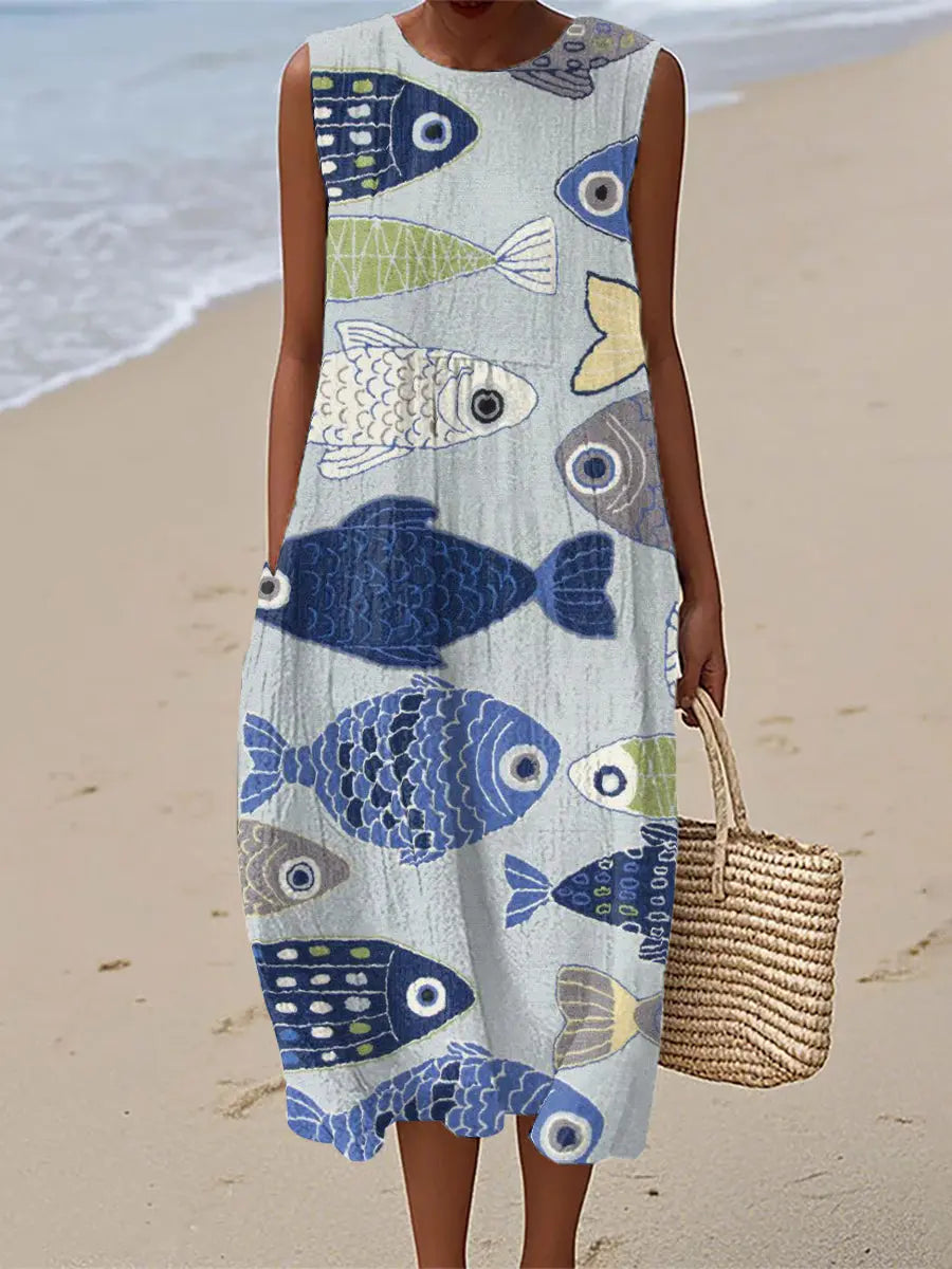 Damen Vintage Fisch Kunstdruck Leinen kleid