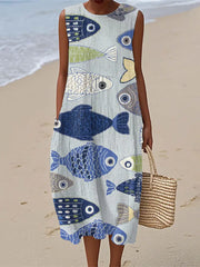 Damen Vintage Fisch Kunstdruck Leinen kleid